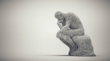 Oturan düşünceli bir adam. Kafa karışıklığı ve aşırı düşünme konsepti. Bu 3 boyutlu bir çizim.
