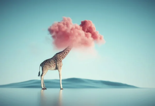 Giraffe with a pink cloud around. Creative and dreaming concept.  This is a 3d render illustration