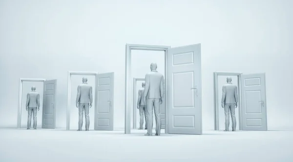複数の男がドアを開けて目の前に立っている 疑いと混乱の概念 これは3Dレンダリング図です — ストック写真