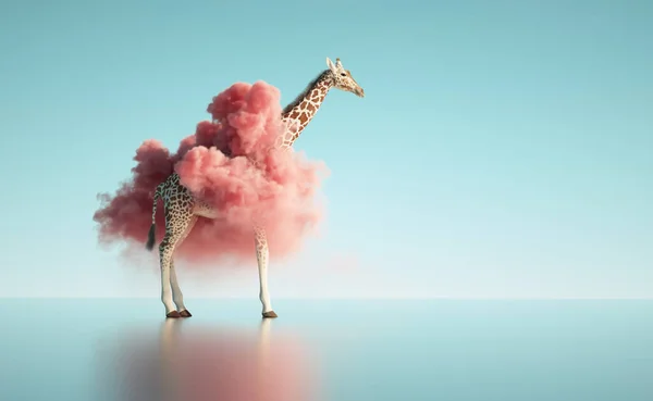 长颈鹿带着粉红的云彩 创意和梦想的概念 这是一个3D渲染说明 — 图库照片