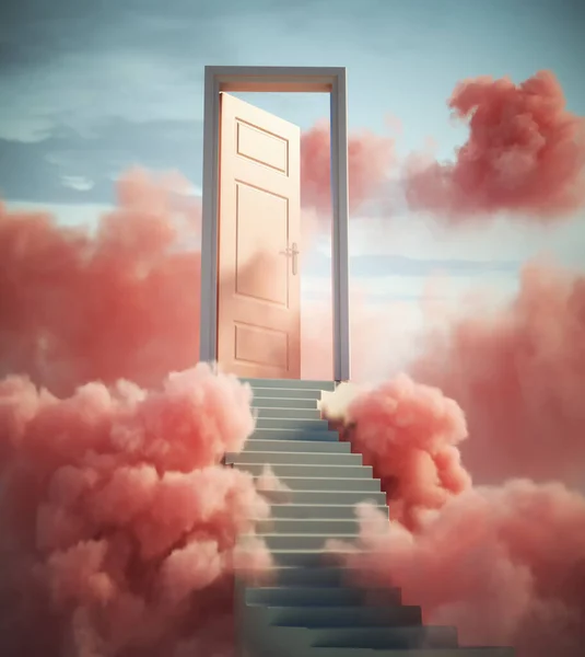 Stairs leading to a opened door in the clouds. New opportunities and promotion concept. This is a 3d render illustration