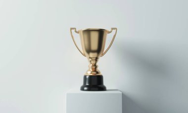 Altın kupa podyumda. Bu 3 boyutlu bir çizim.