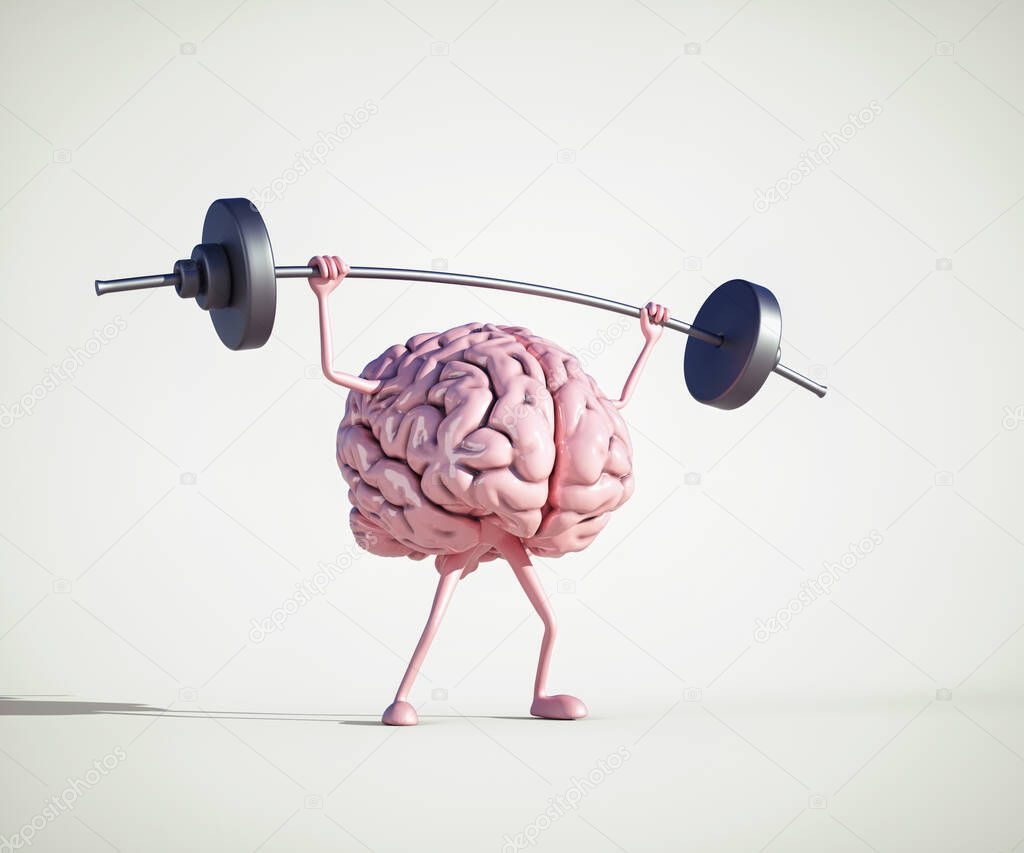 Human brain lifting weight . Private lessons and knowledge concept .This is a 3d render illustration