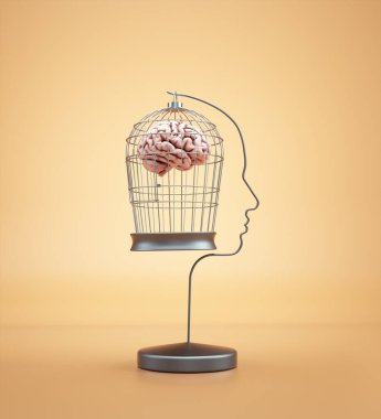 Bird cage in shape of a human head with a brain inside. Self development and mental illness concept. This is a 3d render illustration