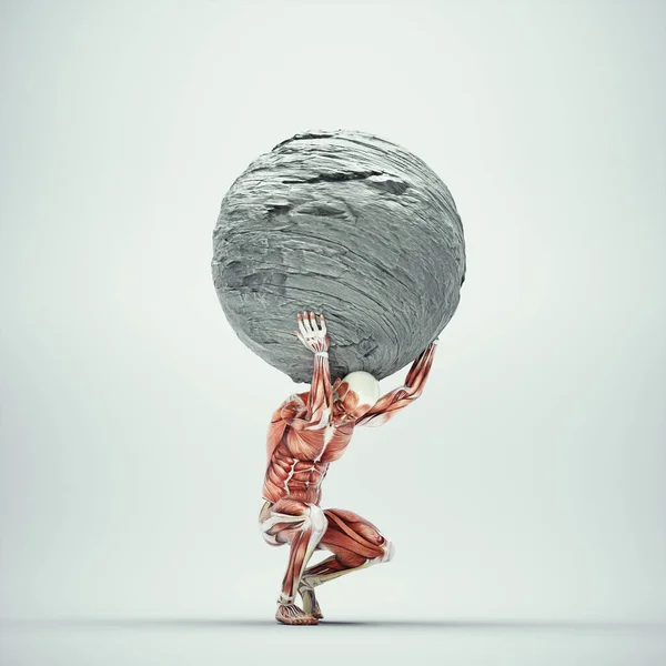 Muscular System Male Carries Big Rock Responsabilities Stress Concept Render — Stock Fotó