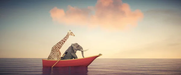 Elefant Och Giraff Tillsammans Båt Mitt Havet Detta Render Illustration — Stockfoto