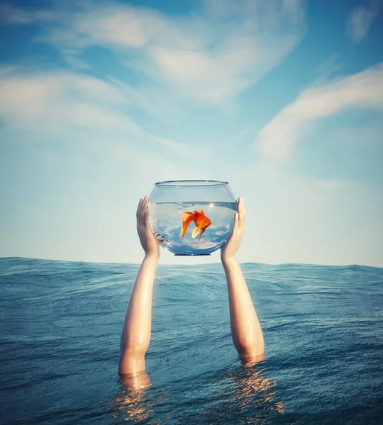 手を海の外に水槽を保持します 箱の概念から考えなさい 募集と考え方の概念 これは3Dレンダリング図です — ストック写真