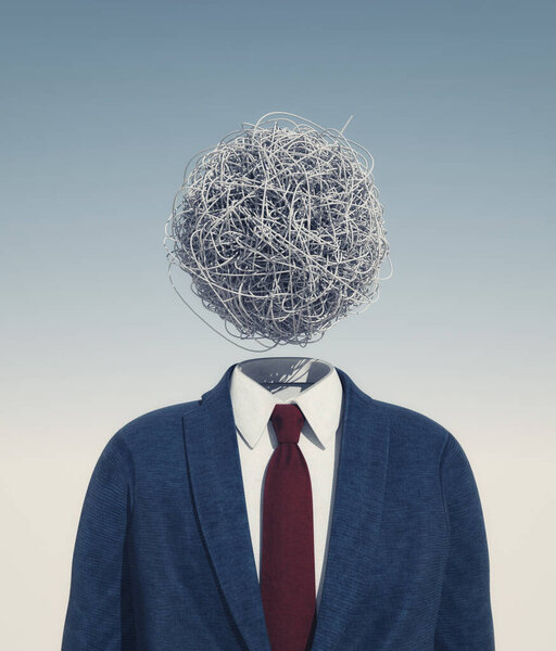 Headless businessman with chaotic wires. Depression and mental disorder concept. This is a 3d render illustration