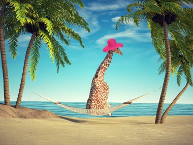 Zürafa tropik bir plajda dinleniyor. Seyahat ve tatil konsepti. Bu 3 boyutlu bir çizim.