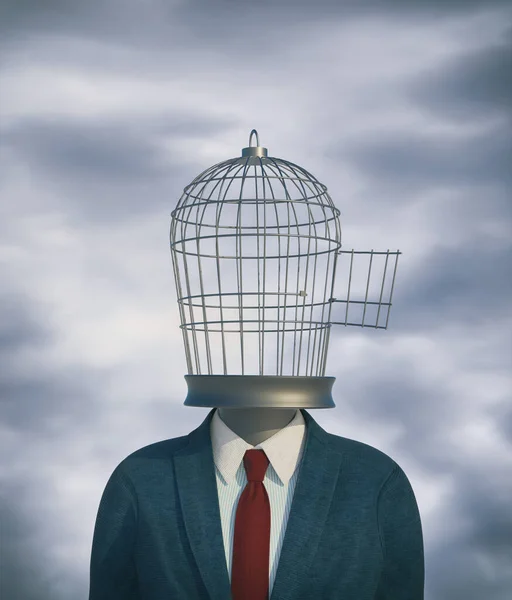Kuş Kafesi Kafalı Bir Adamı Zihinsel Değişim Özgürlük Kavramı Boyutlu — Stok fotoğraf