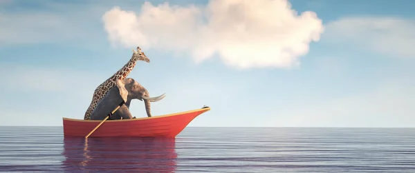 Elefant Och Giraff Tillsammans Båt Mitt Havet Detta Render Illustration — Stockfoto
