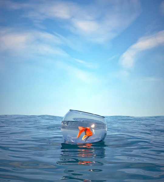 Guldfisk Skål Vid Havet Escape Och Mindset Koncept Detta Render — Stockfoto
