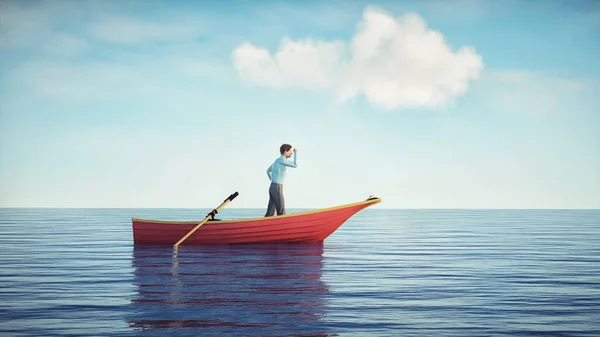 Homem Num Barco Olha Para Horizonte Meio Oceano Viagem Conceito — Fotografia de Stock