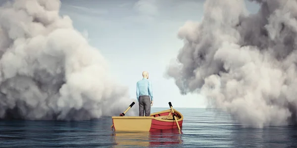 Homem Num Barco Mar Atravessar Nuvens Conceito Sonho Viagem Esta — Fotografia de Stock
