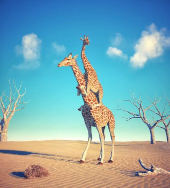 Zürafa tatlıda bir zürafa daha taşıyor. Arkadaşlık ve bağlılık kavramı. Bu 3 boyutlu bir çizim.