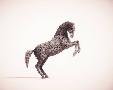 Kablodan yapılmış at. Güçlü ve karmaşık bir kavram. Bu 3 boyutlu bir tasvir.