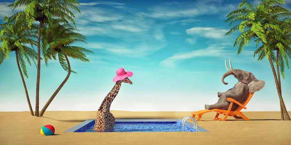 Girafe Éléphant Relaxent Dans Une Piscine Tropicale City Break Concept — Photo