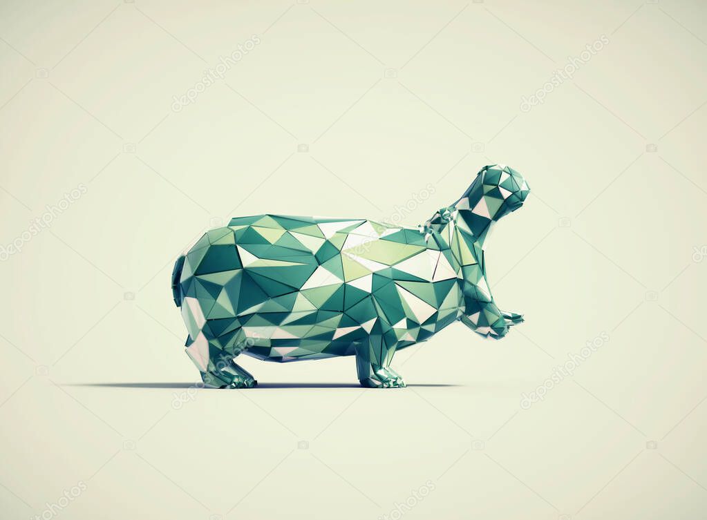 Colorful low poly hippopotamus on white background. Creative and complex concept. This is a 3d render illustration