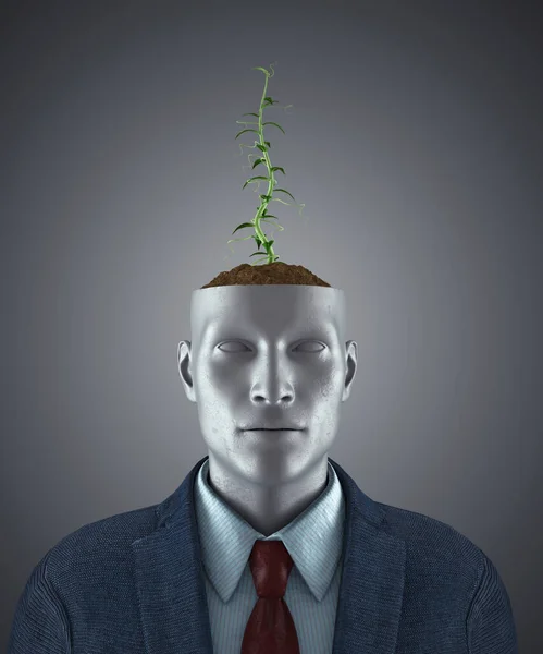 Kafasının Yarısı Bitkisi Büyüyen Bir Adamı Kişisel Disiplin Büyüme Kavramı — Stok fotoğraf