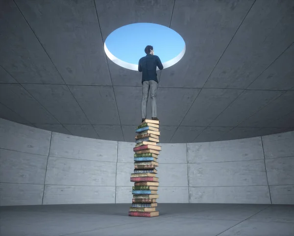 本の山の上の男は空を見上げます 知識の概念 これは3Dレンダリング図です — ストック写真