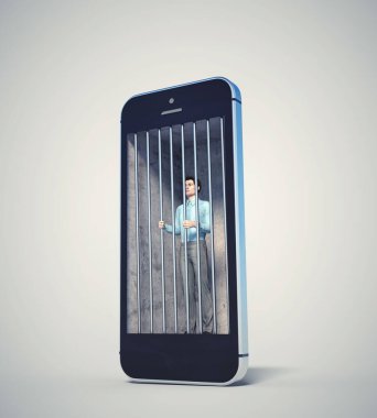Telefon hapishanesindeki adam. Telefon bağımlılığı ve endişe konsepti. Bu 3 boyutlu bir çizim.