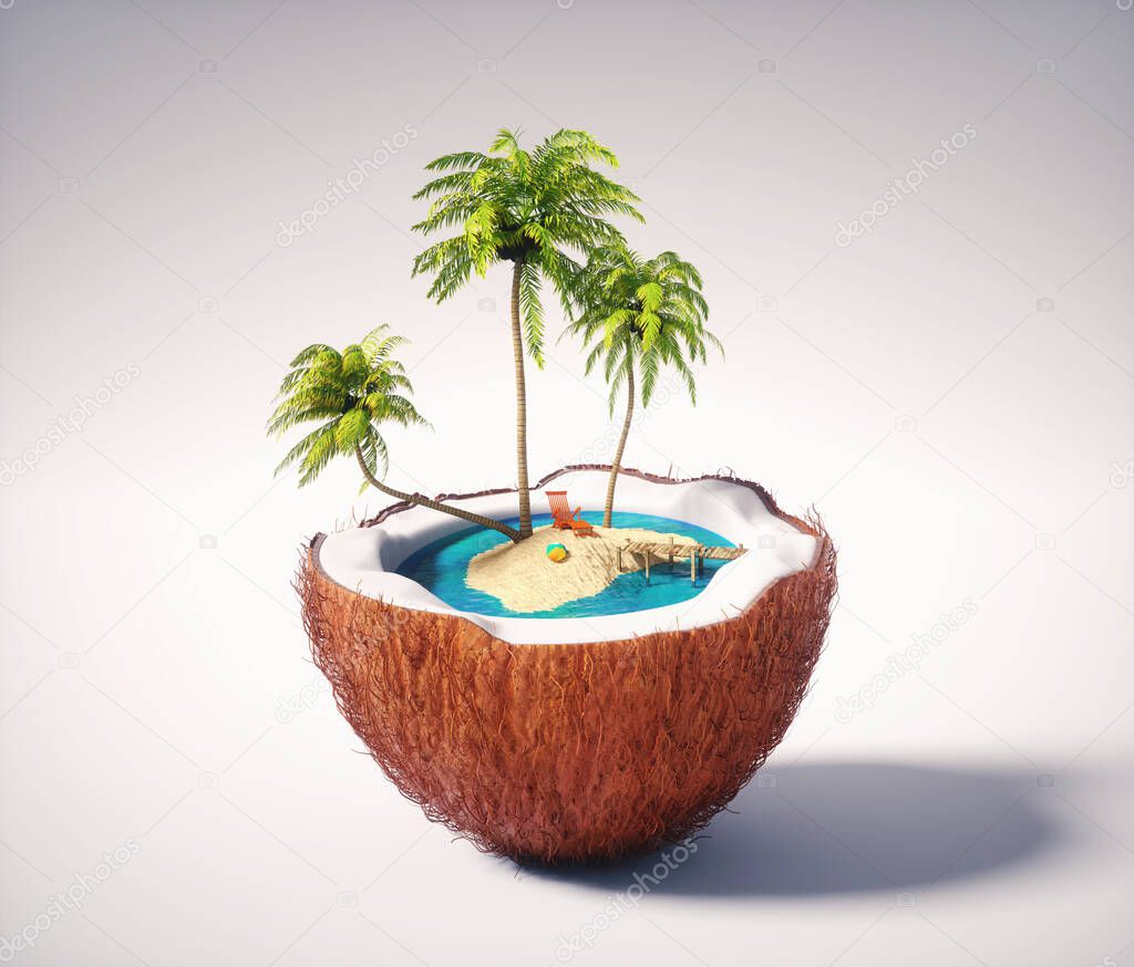 Half coconut with a tropical island inside. Vacation and travel concept. This is a 3d render illustration