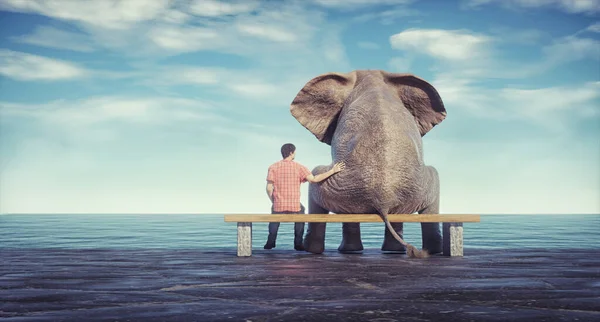 Elephant Man Sitting Bench Admiring Sea Friendship Support Concept Render — Foto de Stock