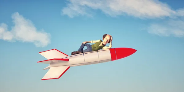 Egy Ember Egy Repülő Rakétával Indítás Kilövési Koncepció Egy Renderelés — Stock Fotó