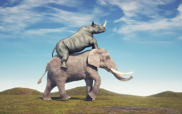 Rhino Rides Elephant Friendship Workers Concept Render Illustration — Stockfoto