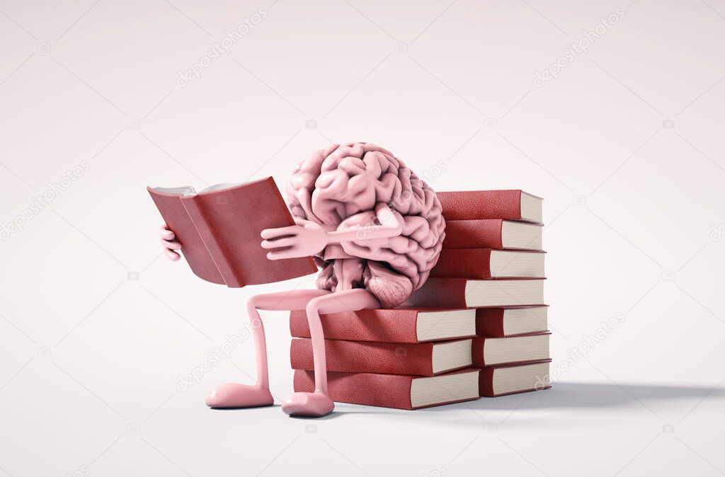 Human brain sitting on books and reading. Self development and education concept. This is a 3d render illustration