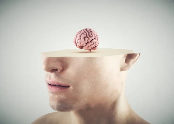 Άνθρωπος Μισό Κεφάλι Και Ένα Μικρό Εγκέφαλο Αυτοβελτίωση Και Αντίληψη — Φωτογραφία Αρχείου