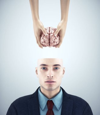 Half head man receiving a brain. Mental health and mindset change concept. This is a 3d render illustration