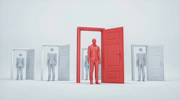 Multiple Doors Opened Man Standing Front Opportunities Choice Concept Render — Fotografia de Stock