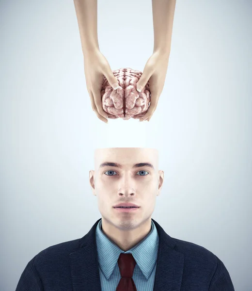 Половина Голови Людина Отримує Мозок Психічне Здоров Концепція Зміни Мислення — стокове фото