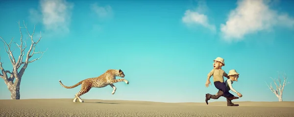 Two old men running from a cheetah in the desert. Danger and adventure concept. This is a 3d render illustration