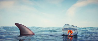 Shark in front of fish at the ocean. Mindset and meeting concept. This is a 3d render illustration