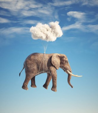 Elephant flying with a cloud. Dreaming and aspiration concept. This is 3d render illustration