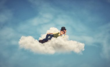 Man floating air while sleeping on a cloud. This is a 3d render illustration