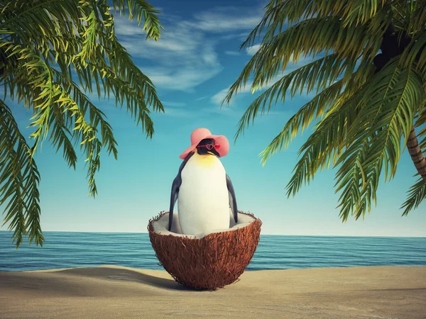 Penguin inside a coconut. Think outside the box and creativity concept. This is a 3d render illustration