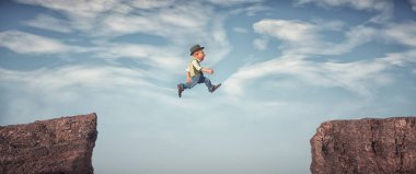 A man jumps from one rock to another.  This is a 3d render illustration