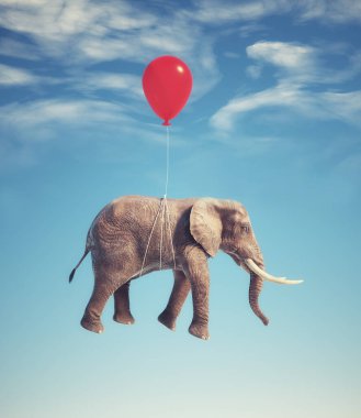 Elephant flying with balloons. Dreaming and aspiration concept. This is 3d render illustration