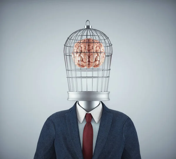 Businessman with a bird cage head with a brain inside. Self development and mental illness concept. Mindset change and freedom concept. This is a 3d render illustration