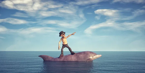 Old Man Surfing Dolphin Ocean Render Illustration — Fotografia de Stock