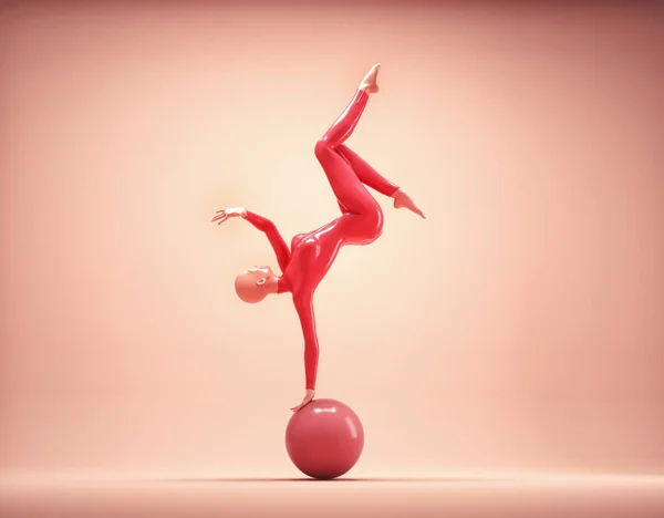 女人在球体上摆姿势流动和信心概念 这是一个3D渲染说明 — 图库照片