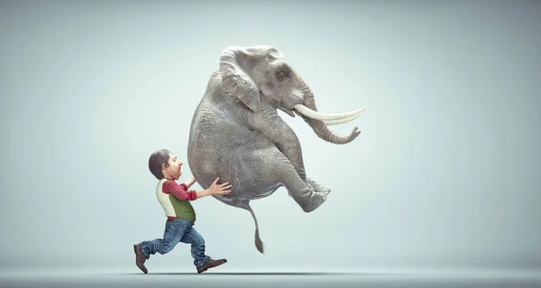 老人は象を運ぶ 難しい仕事と野心のコンセプト これは3Dレンダリング図です — ストック写真