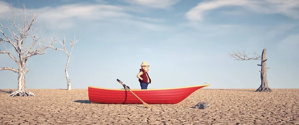 Uomo Piedi Una Barca Nel Deserto Concetto Fallimento Mentalità Negativa — Foto Stock