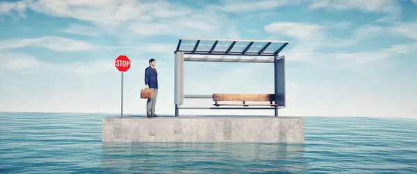 Man stands on bus station in the ocean. Travel booking agency and problem concept. This is 3d render illustration