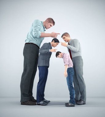 Birbirini işaret eden bir grup adam. Sosyal hiyerarşi ve yönetim kavramı. Bu üç boyutlu bir resimdir.