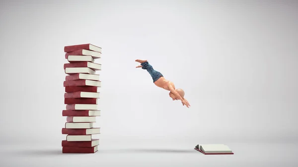 Homem Salta Uma Pilha Livros Para Livro Aberto Conceito Bolsa — Fotografia de Stock