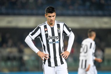 Alvaro Morata (Juventus) İtalyan futbol takımı Serie A 'nın 30 Ekim 2021' de İtalya 'nın Verona kentinde Marcantonio Bentegodi Stadyumu' nda oynanan Hellas Verona FC ile Juventus FC maçı sırasında portresi.